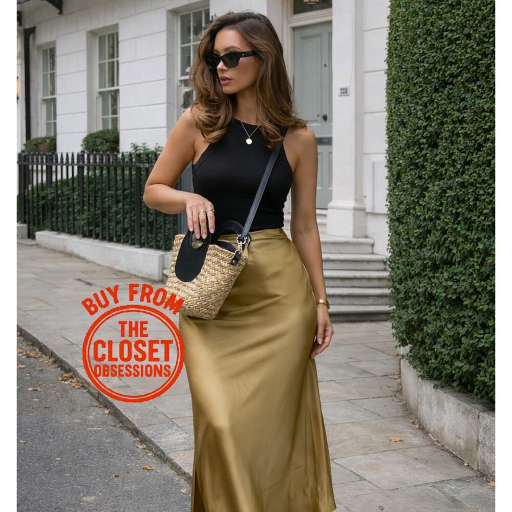 ZARA Flowing Satin Effect Midi Skirt NWT Olive Green